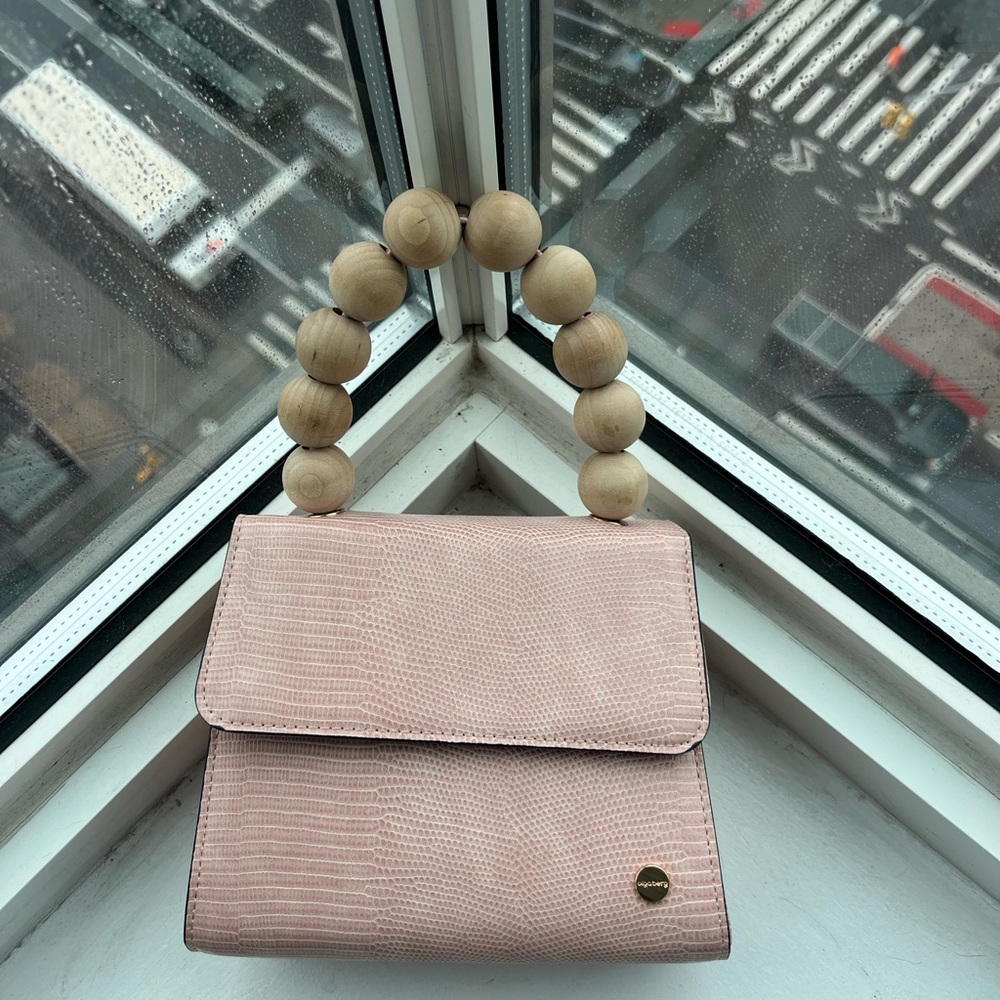 Olga Berg Blush Pink Top-Handle Shoulder Bag with Wooden Bead Handle